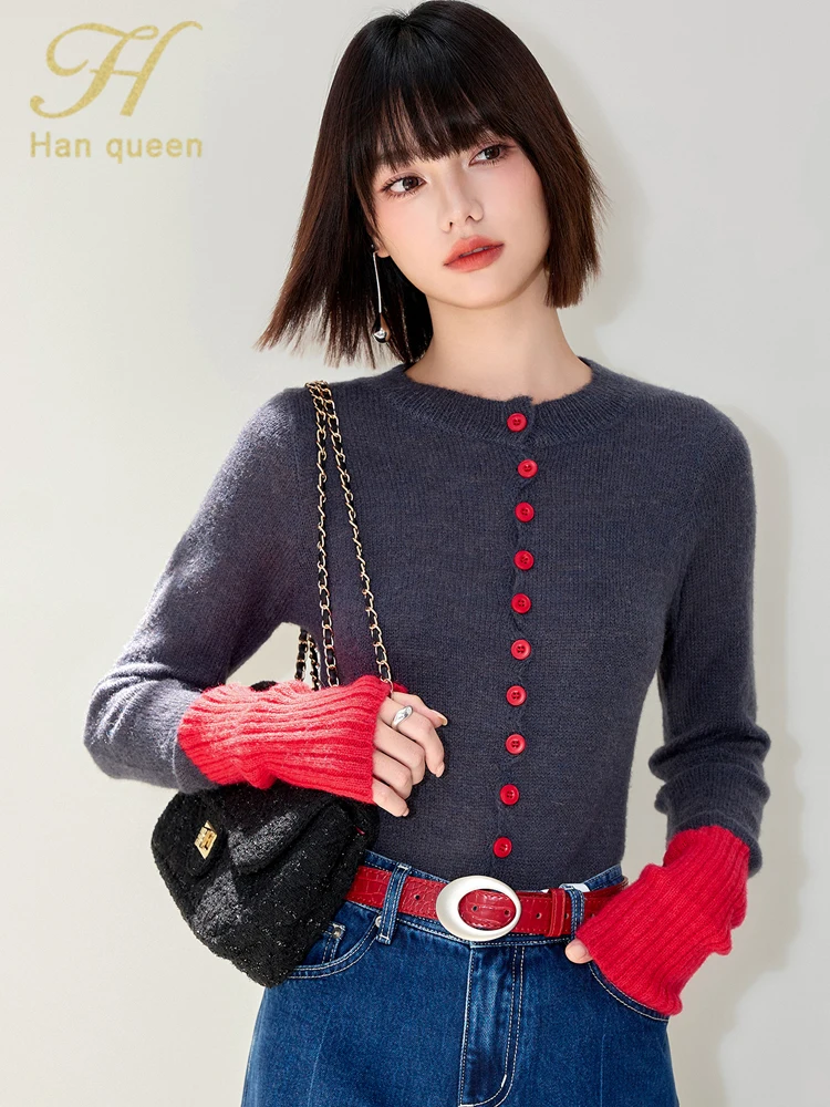 

H Han Queen Autumn Fashion Color Blocking Cardigan Sweaters Korean Simple Long Sleeve Tops Vintage Casual Women's Clothing 2025