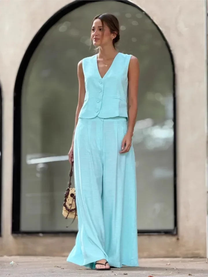 

New Fashion Cotton Linen Sleeveless Vest + Loose Wide-leg Trousers 2piece Spring Summer Elegant Womes Office Trousers Pocket Set
