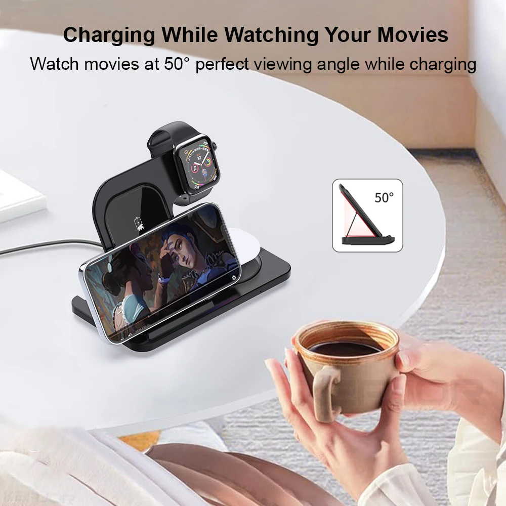 3 in 1 Wireless Charger Stand For iPhone 15 14 13 12 Max Foldable Fast Charging Station Dock For Apple Watch iWatch s9 8 7 SE