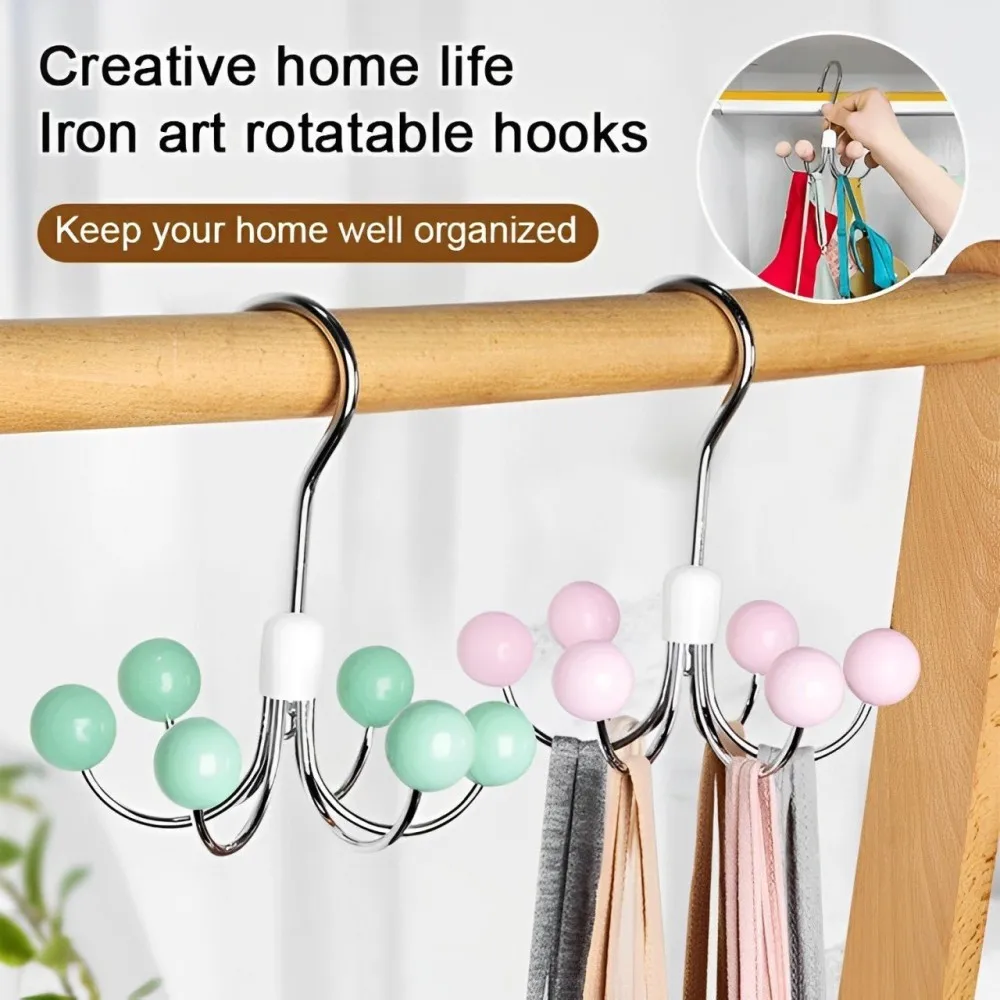 Iron Wooden Ball Swivel Hook Wardrobe 360° Rotatable Multifunctional Hanger Hat & Underwear Six Claw Hook