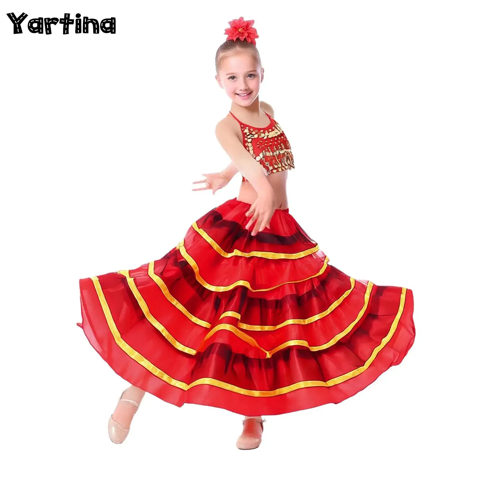 Red Black Kids Girls Spanish Flamenco Ballroom Dance Costume Tiered Ruffles Satin Classical Waltz Ballroom Dance Big Swing Skirt