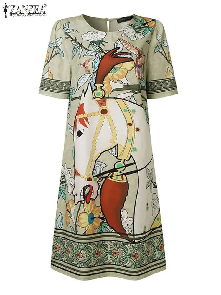 2024 ZANZEA Vintage Women O Neck Short Sleeve Dress Summer Casual Robe Femme Vestido Fashion Floral Printed Knee-length Sundress