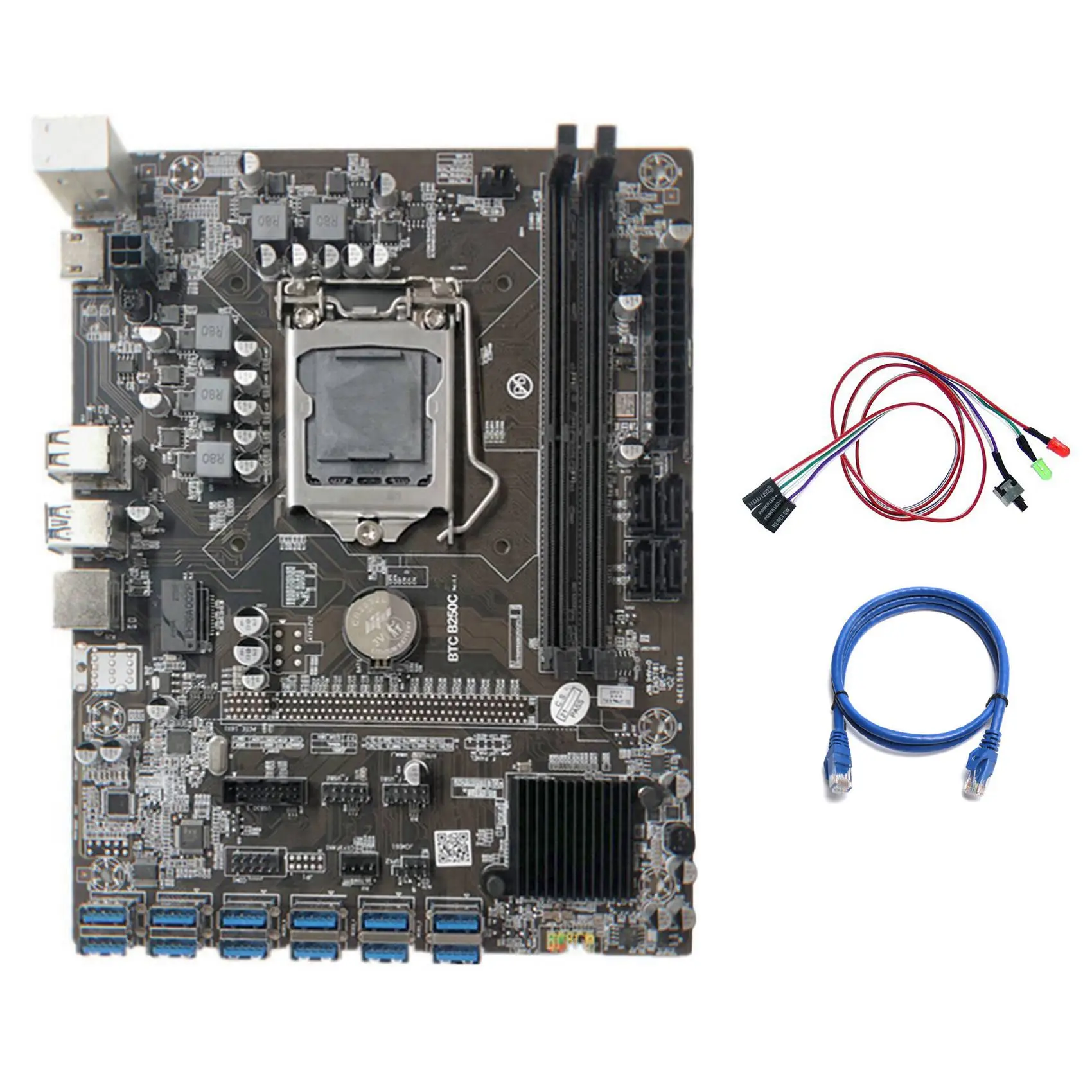 

B250C Miner Motherboard+Switch Cable with Light+RJ45 Cable 12 PCIE to USB3.0 Graphics Card Slot LGA1151 Support DDR4 RAM