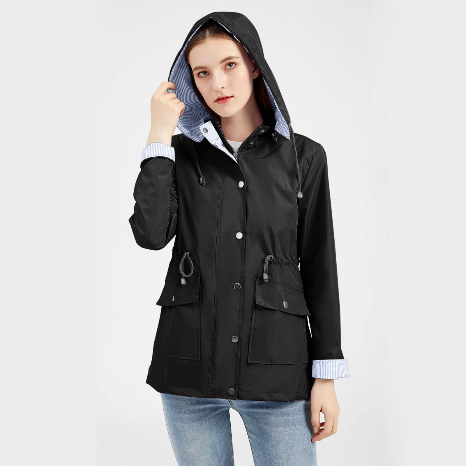 

Autumn Fashion Women Raincoat Mid-length Hooded Coat Waist-tight Outdoor Windbreaker Removable Hood Walking Hiking Jacket Spring