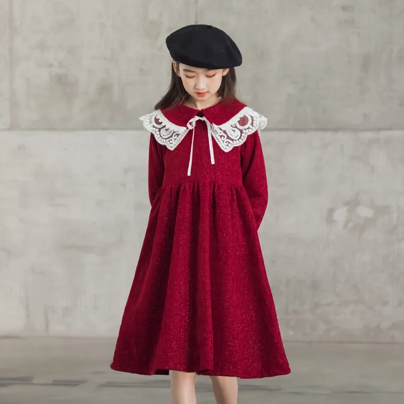 Autumn Winter Junior Girl Princess Dress Gold Chenille Dress School Girl Lace Hollow Out Lapel Long Sleeve Dress Girl Dress