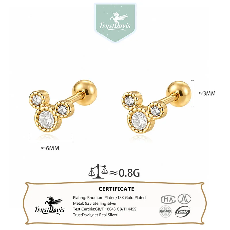 TrustDavis Real 925 Sterling Silver Sweet Cute Cartoon Mouse Zirconia Earrings for Women Daily Wear Jewelry Gift DS4899