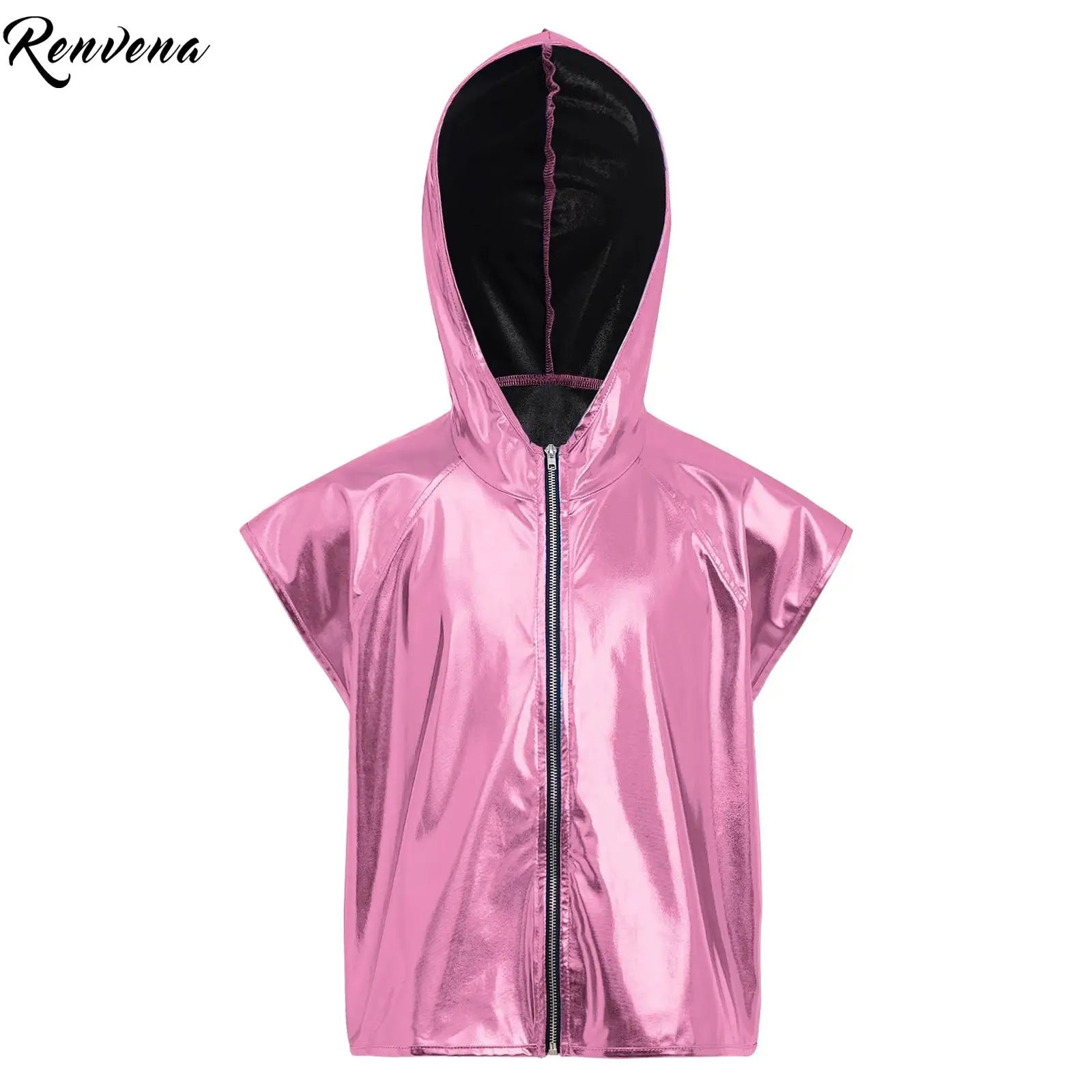 

Детский жилет для джазовых танцев для мальчиков и девочек, металлические майки с капюшоном без рукавов на молнии, блестящая толстовка с капюшоном, жилет для шоу-костюмов