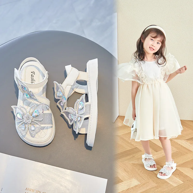 Girls Sandals Fashion Rhinestone Butterfly Princess Shoes Summer Children Soft Sole Beach Sandals Non-slip Crystal Kids Shoes