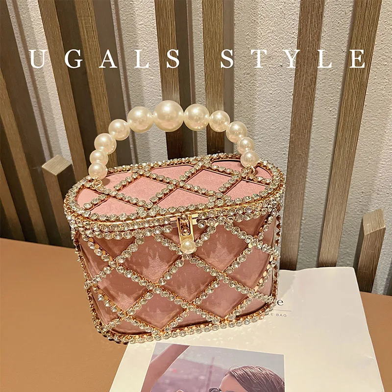 Luxury Rhinestones Diamond Evening Bag Hollow Pearl Beaded Metallic Cage Women Handbag Wedding Party Clutch Purse Shoulder Bag