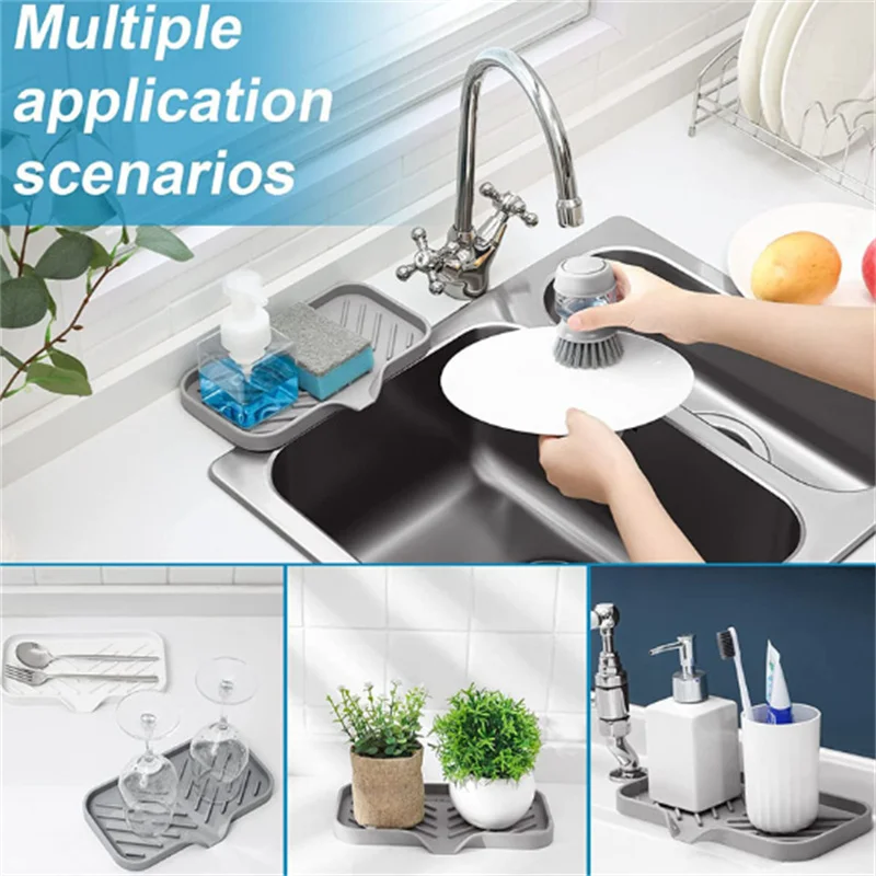 Silicone Faucet Mat Kitchen Sink Tray Soap Dispenser Sponge Drain Pad Sink Splash Drying Mat Countertop Storage Tray