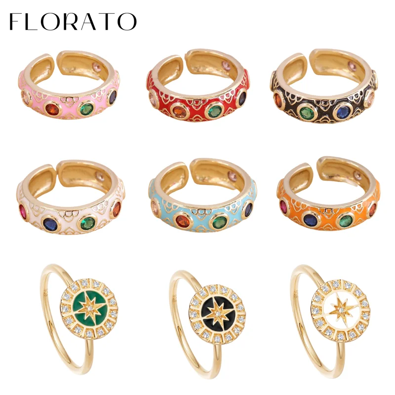 FLORATO Gold Plated Enamel Open Ring for women Bosemia Vintage Hoop Ring Fashion Wedding Jewelry Girl Birthday Gifts