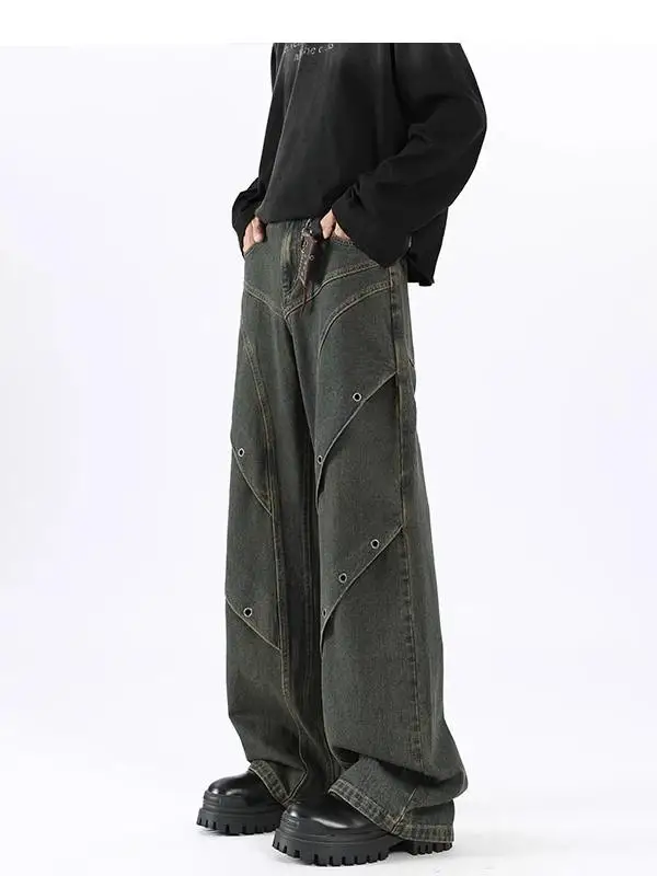 

Retro American Decosition Blue Knife Jeans Men's Autumn New Straight Leg Loose Wide Leg Pants Casual Faion Jeans