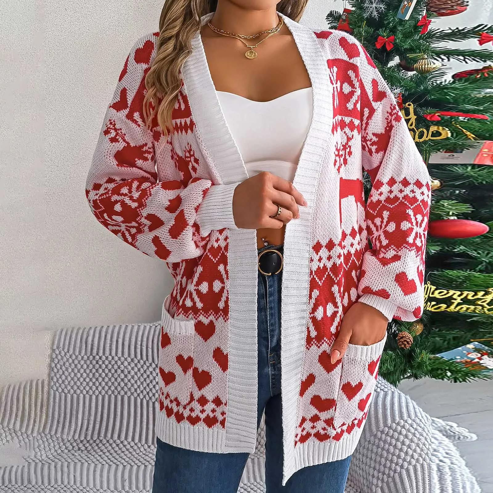 

Women's Knit Cardigan Tops Christmas Deer Snowflake Long Sleeve Knitted Sweater Outerwear Soft Pullover Tops Knitted Cardigans