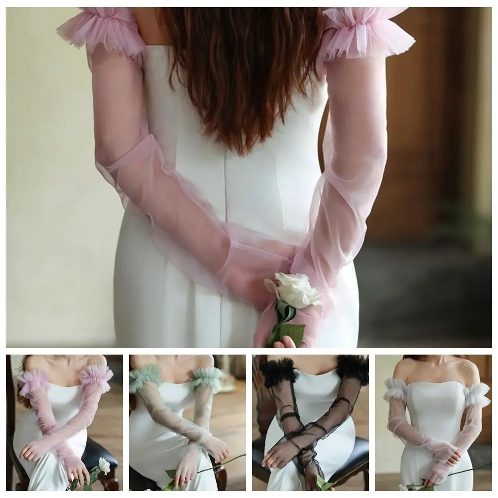 Korean Style Bridal Arm Sleeves Solid Color Yarn Wedding Long Sleeves Lightweight Gauze Pleated Lace Arm Covers Wedding