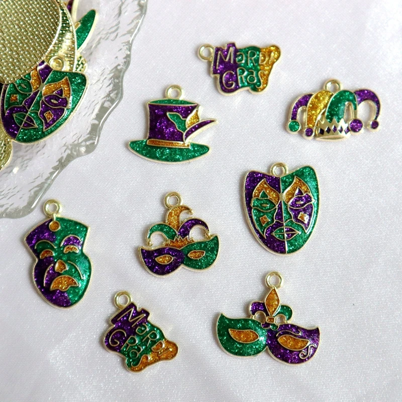 10pcs Mardi Gras Carnival Fat Tuesday Metal Pendant Shiny Hat Mask Alloy Charms DIY Necklace Bracelet Earring Keychain Accessory
