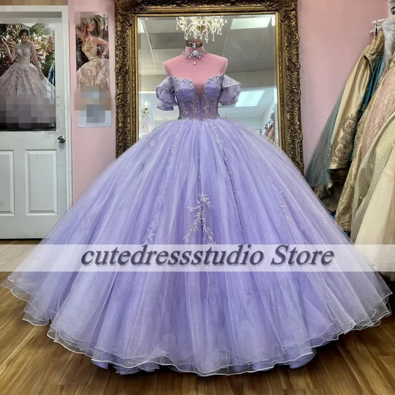 Elegant Lilac Quinceanera Dresses 2024 Off The Shoulder Sequin Applique Corset Back Vestido De XV Anos Sweet 16