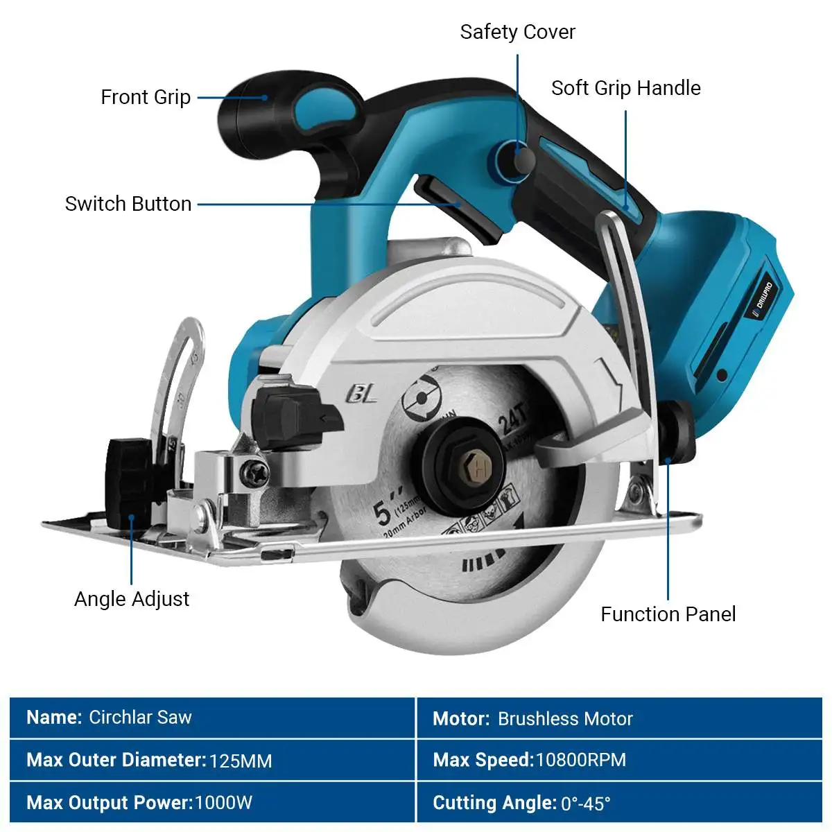 Drillpro 5Inch 125mm Brushless Mini Electric Circular Saw Cordless 0-45° Adjustbale Woodworking Power Tool For 18V Battery