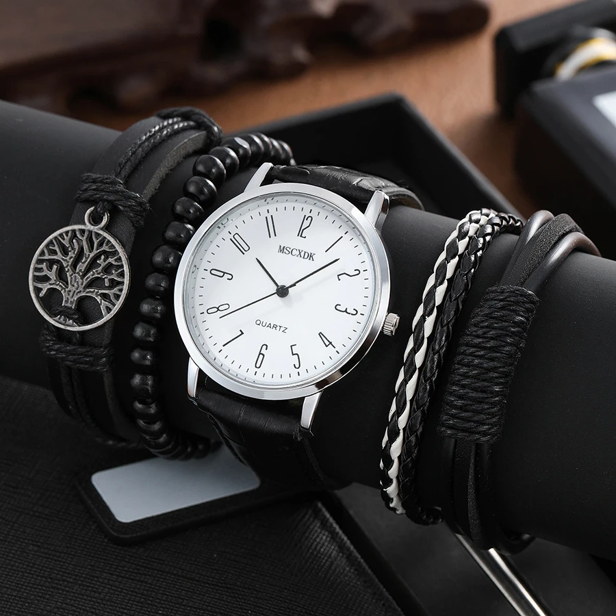 MSCXDK Brand 5pcs Black Quartz Watches Bracelet Men Business Casual Round Watch Life Tree PU Leather Bracelets Sets