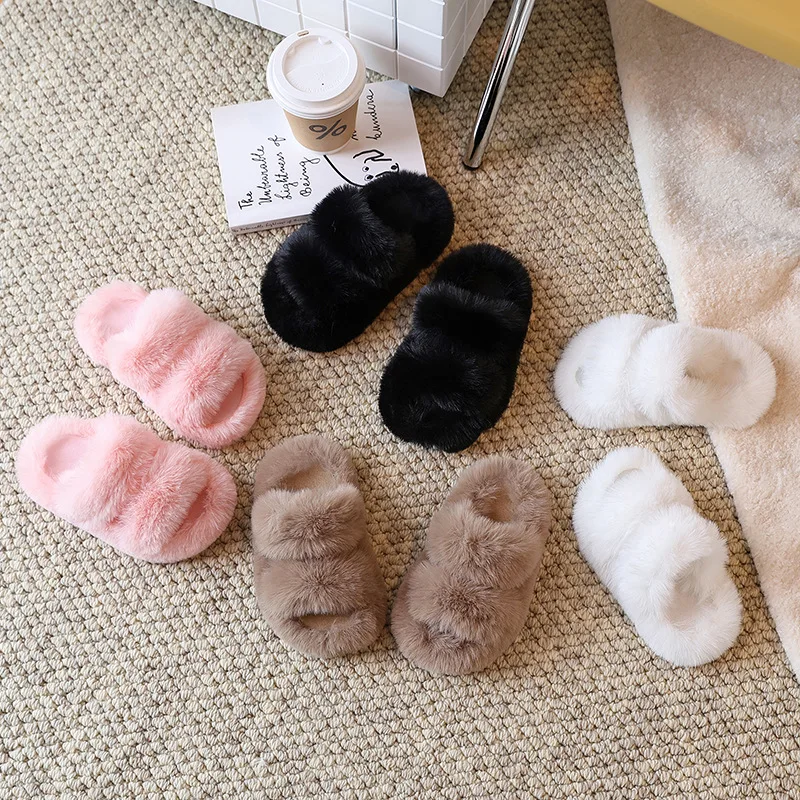 New Children Winter Fur Slippers Solid Color Girls Warm Home Slippers Soft Fluffy Kids Open-toe Cotton Shoes Fashion Versatile