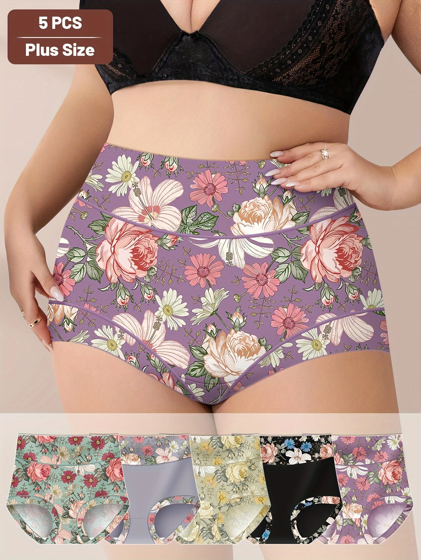 

5-pack Plus Size Panties for Women Ladies Multi Color Panties Underwear Breathable Wholesale High Waist Printed Underwear