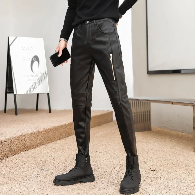 Men's Black Matte Leather Slim Pencil Pants With Pockets Male Chic Splicing PU Stretch Motorcycle Pant Style Trousers Custom