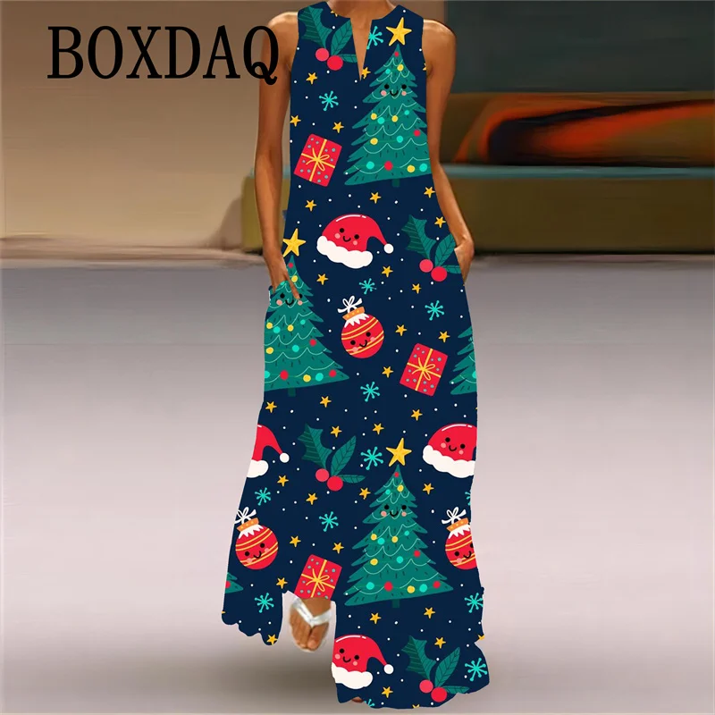 Christmas Party Women Long Dress New 2024 Autumn Cute Santa Claus Christmas Tree Print Maxi Dress Ladies Clothing Casual Robe