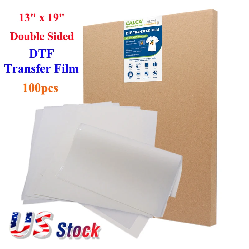 

CALCA 100pcs DTF Transfer Film Double Sided Hybrid Hot Peel 13" x 19" for DTF Powder Ink T-shirt Heat Transfer Printing US Stock