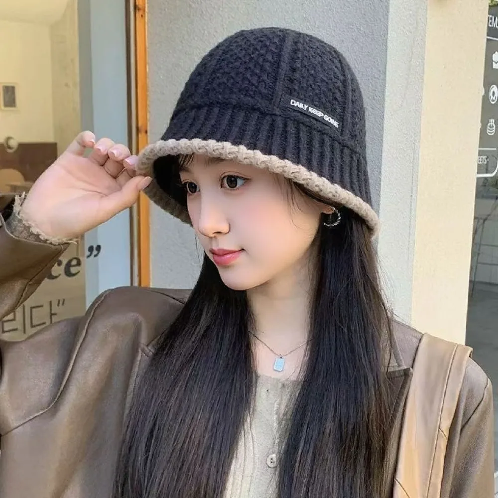 Polyester Fiber Knitted Bucket Hat Warm Windproof Wool Basin Cap Solid Color Korean Style Women Fisherman Hat Cold Weather