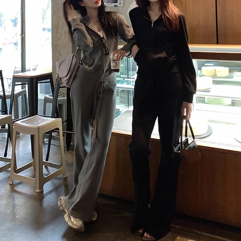 Solid Color Autumn Woman Tracksuit Zipper Loose Hoodie And Wide Leg Trouser Two Piece Set Casual Street Sporty Pant Set 2024