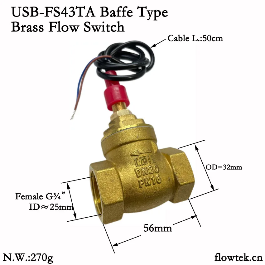 USB-FS43TA Normally Open Circuit Baffle Type Flow Switch 0.3A Max Load DC250V Max Reliable BSP G 3/4\