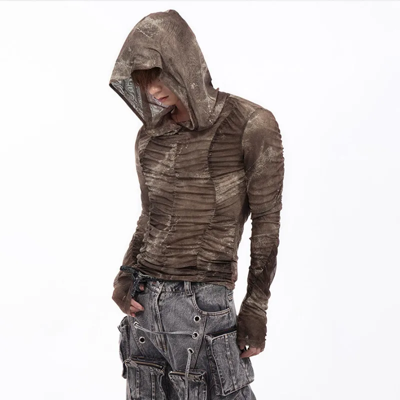 LUZHEN T-shirts Original Tie-dyed Hoodies Pleated Design Long Sleeve Men's 2026 New High Street Trendy Slim Handsome Tops JY8210