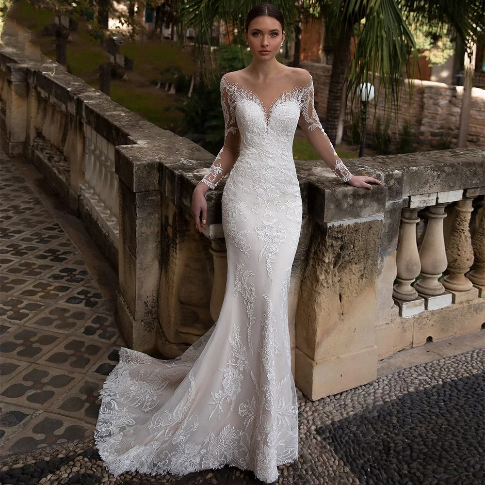 

Lorencia Mermaid Wedding Dress For Women Long Sleeve Lace Applique Bridal Gown Bride Dress свадебное платье Vestidos De YMW107