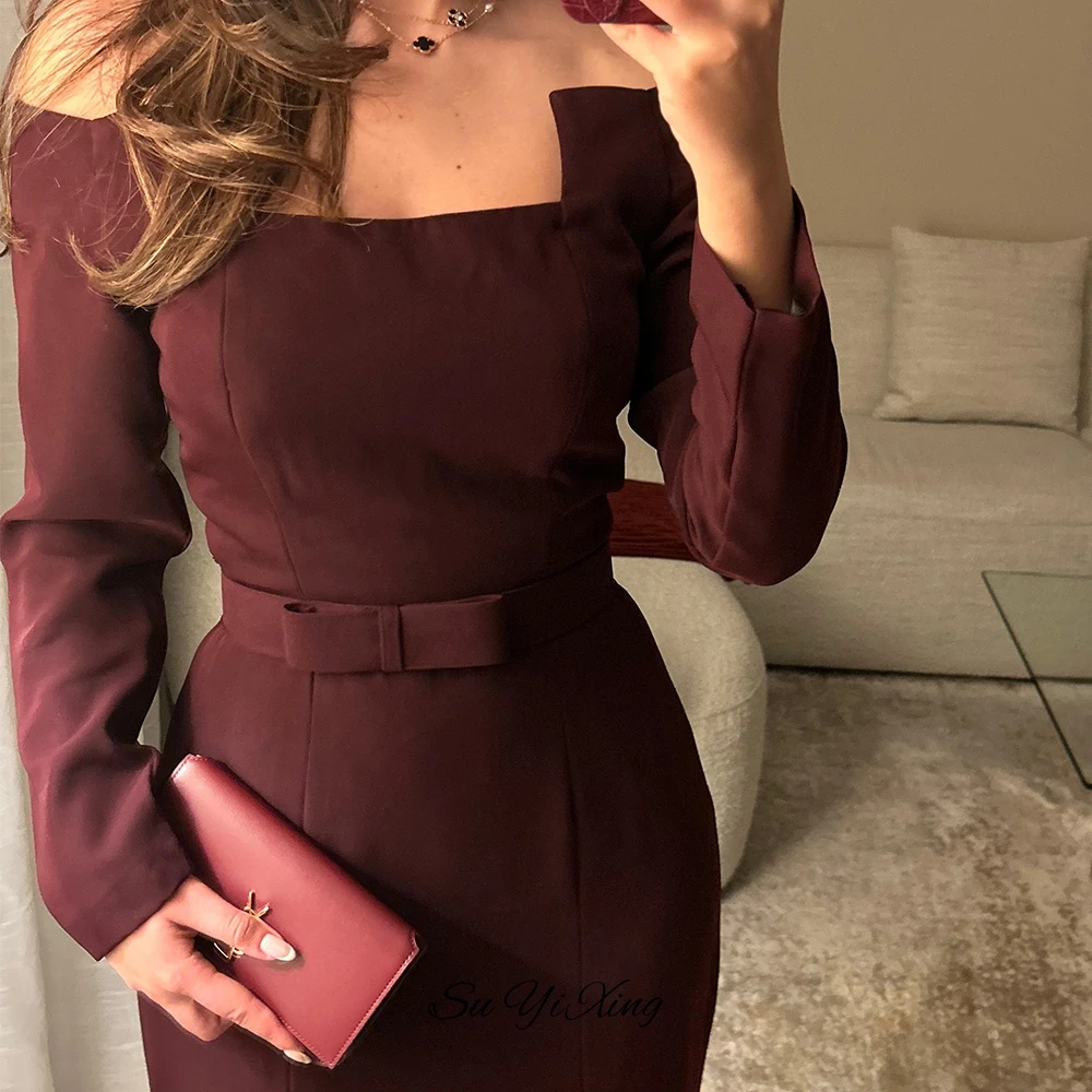 Simple Burgundy Jersey Prom Dress Elegant Mermaid Long Sleeves Evening Dress with Side Slit Classic Boat Neck Celebrity Gowns image 6