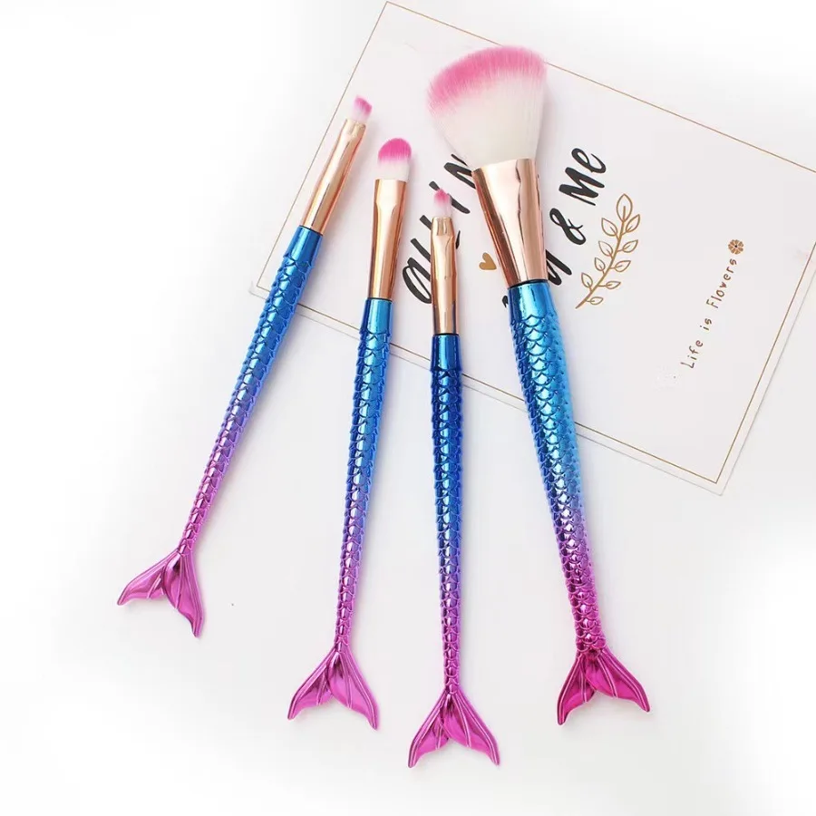 4pcs/set Mermaid Gradient Electroplating Makeup Brush Set, Loose Powder Shadow Eyeliner Eyebrow Brush Beauty Tools Perfect Gift