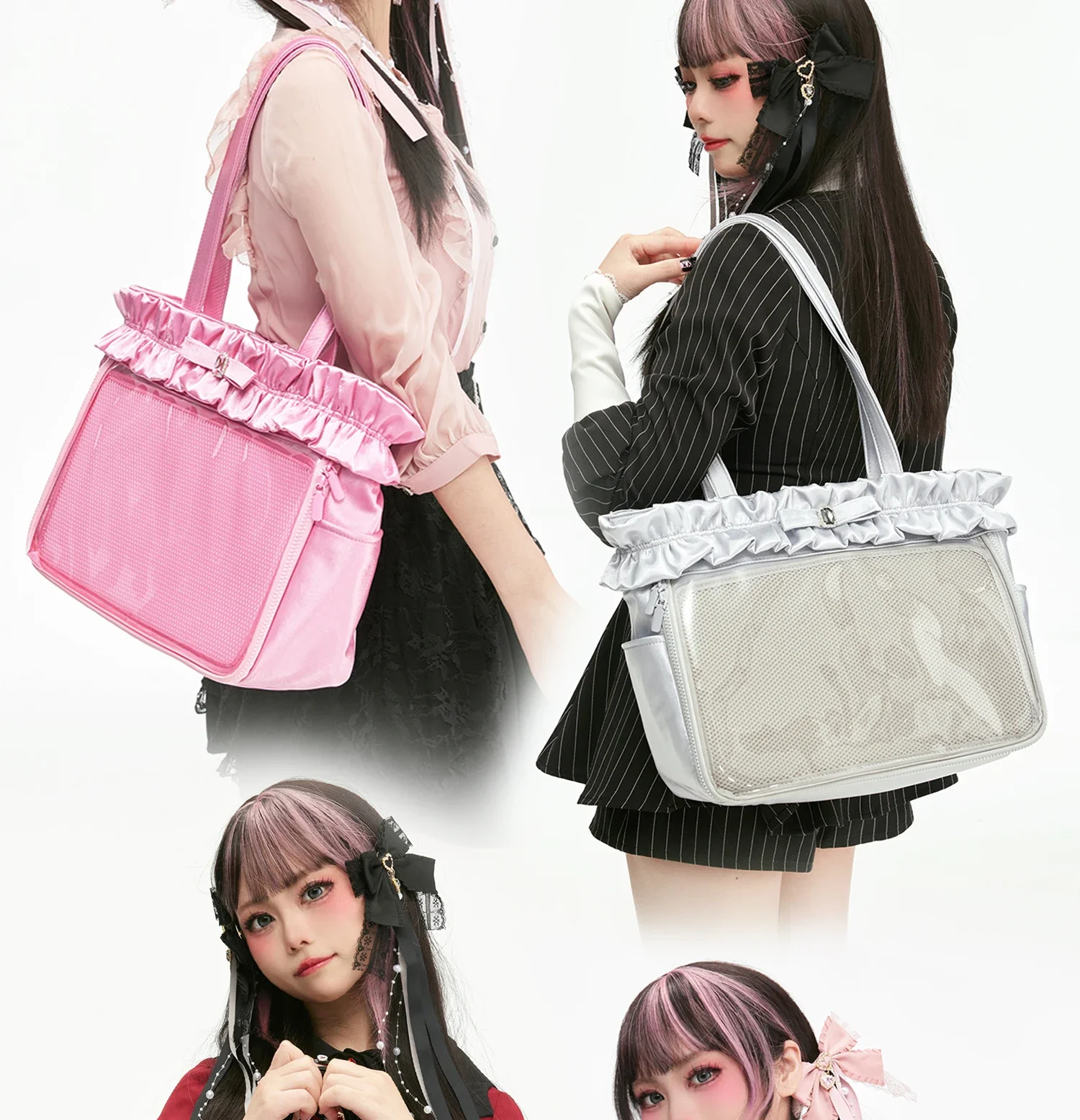 14-Inch Large Capacity Satin Shoulder Lace Handbag New Solid Color Bow Everyday Joker Sweet Girl Shoulder Bag Cosmetic Bags