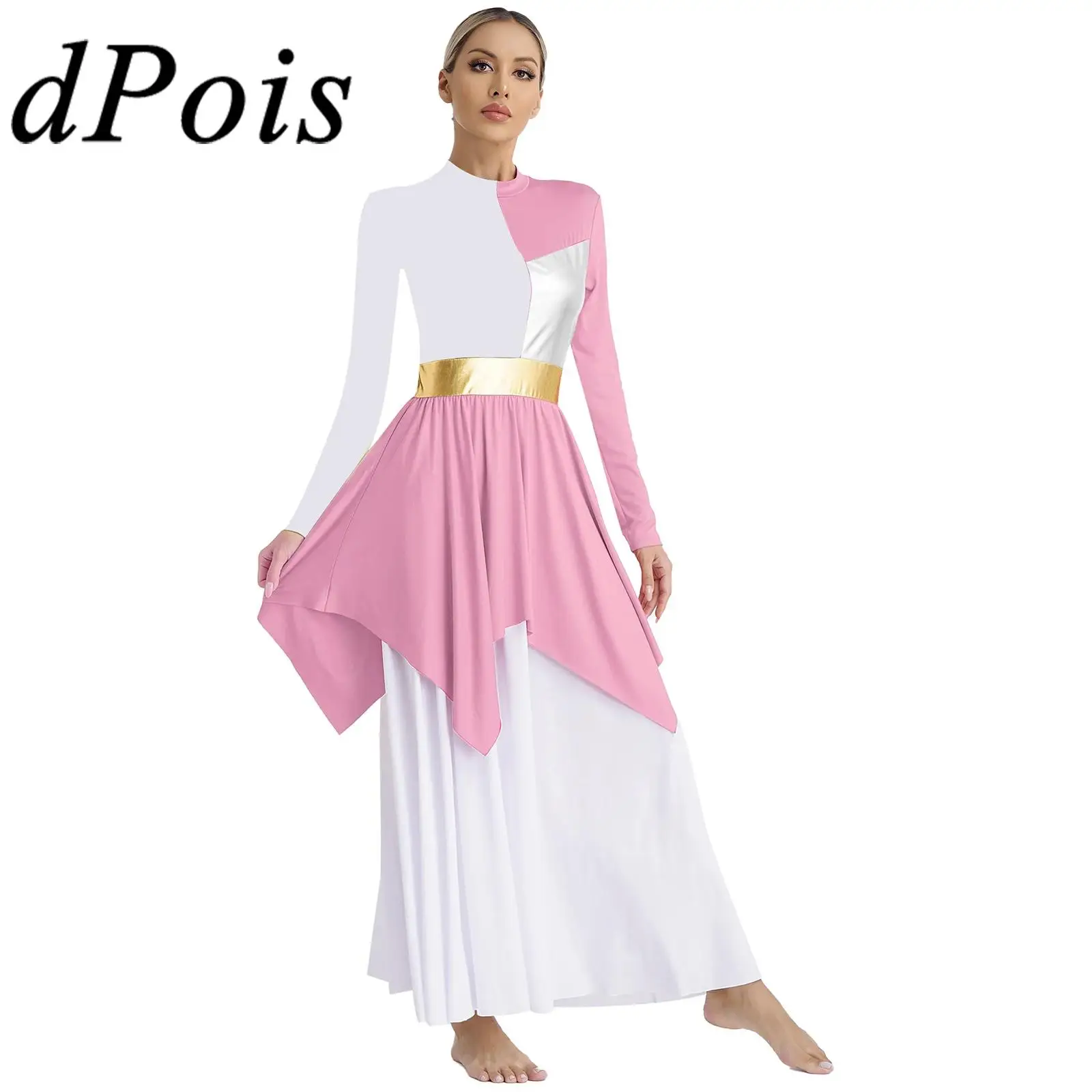 Damen Anbetung Liturgisches Kostüm Metallic Patchwork Langarm Maxikleid Chor Performance Dancewear Lyrische Tanzkleider