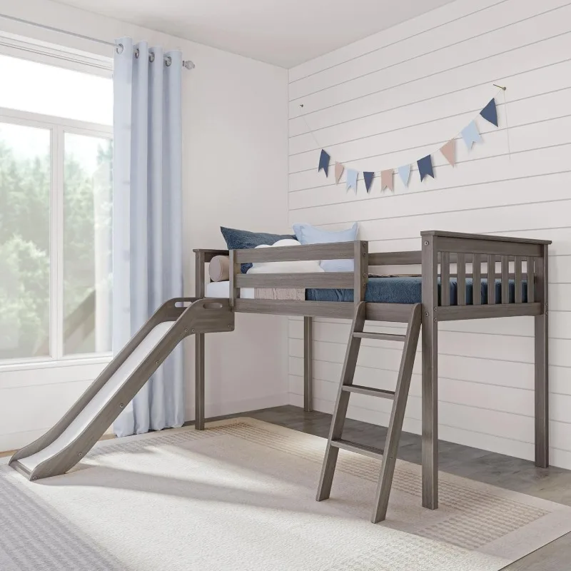 

Twin Size Low Loft Bed with Slide and Ladder Classic Solid Wood Kids Furniture 400 lbs Weight Capacity 14" Safety Guardrail