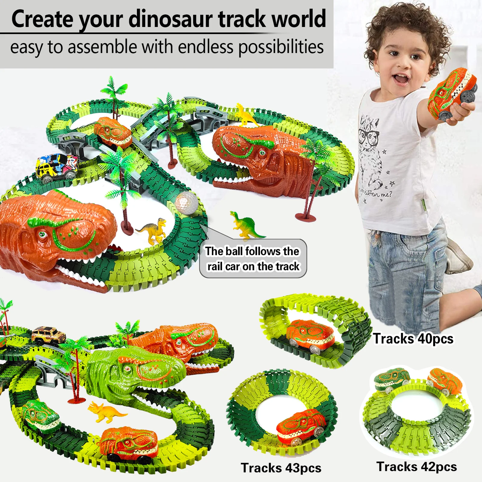 Juguetes de dinosaurios para niños, crea tu propia pista de carreras del mundo de dinosaurios, pistas de carrera flexibles para niños y niñas de 3 4
