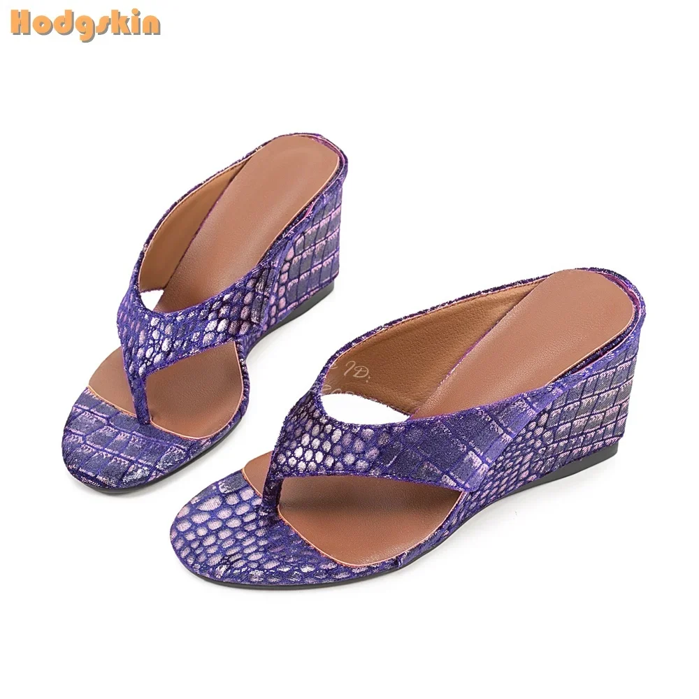 

Crocodile Pattern Wedges Slippers Sexy Round Open Toe Flip Flops High Heels Pull-on 2025 Ladies Catwalk Fashion Outdoor Shoes