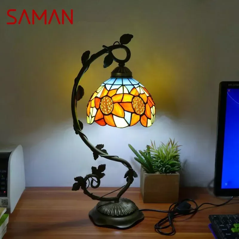 

SAMAN Tiffany Table Lamp American Retro Living Room Bedroom Lamp Luxurious Villa Hotel Stained Glass Desk Lamp