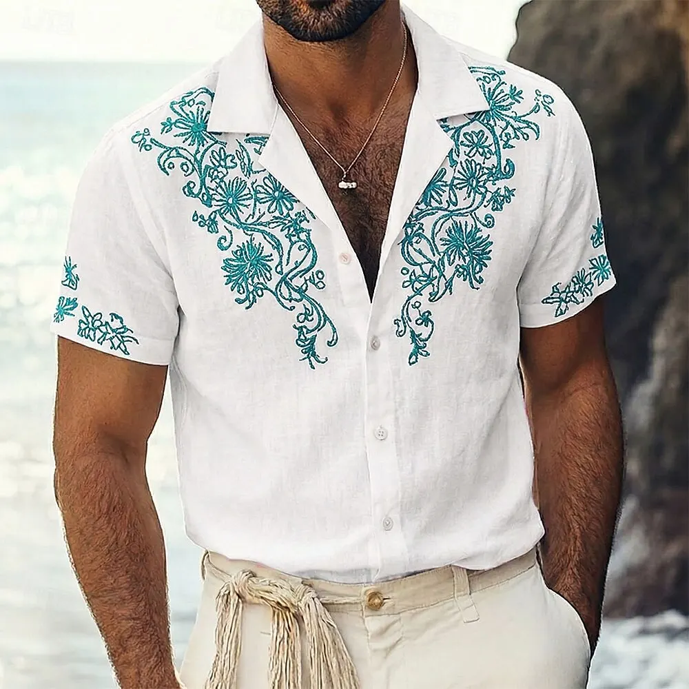 

Men's Short Sleeve Collar Shirt Floral Print 3D Print Button Up Vintage Style Tops for Beach Holiday Outfit Spring & Summer