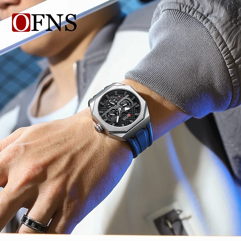 ساعة OFNS الجديدة 8023 كوارتز عصرية للطلاب مع ساعة رجالية فاخرة بسيطة بثلاث عيون وستة دبابيس مقاومة للماء