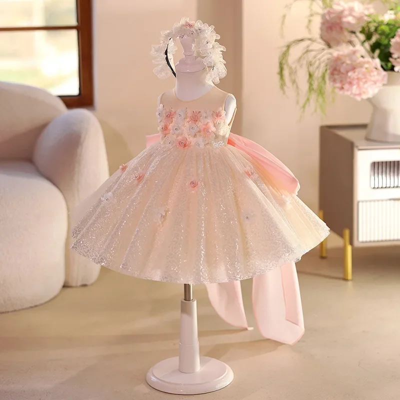 Summer Sleeveless Kids Girls Princess Dress High-End Luxury Birthday Party Dresses Children Wedding Little Girl Flower Frocks