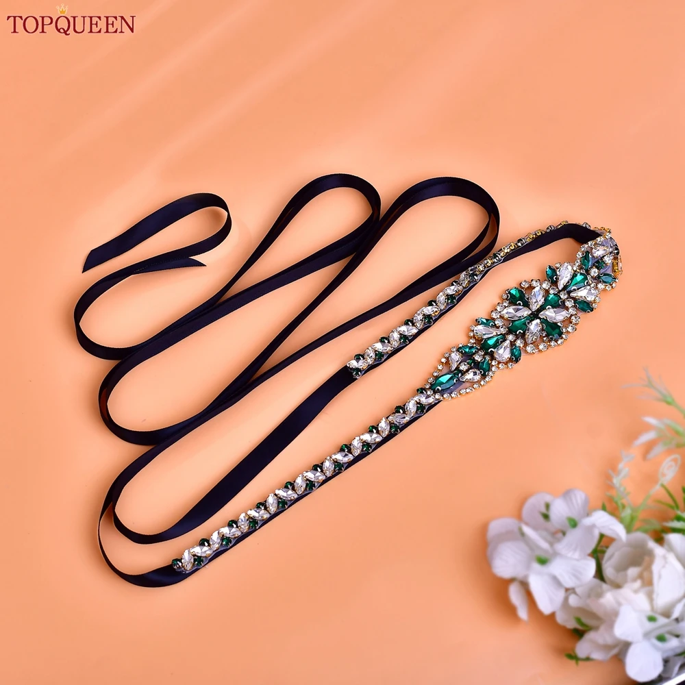 TOPQUEEN اليد مخيط حزام ثوب الزفاف الأزرق الداكن حجر زين المرأة الشريط حزام وصيفه الشرف وشاح هدية عيد مجوهرات S489