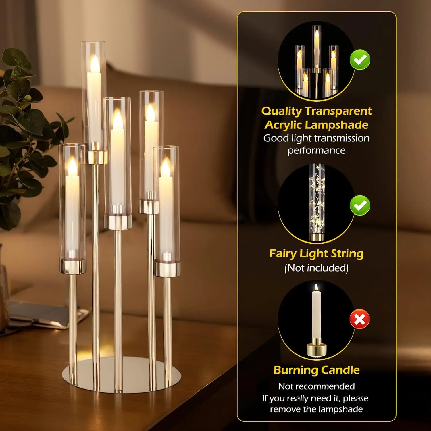 4 مجموعات من الشمعدانات الأرضية 5 أذرع 26.8 بوصة شمعدانات ذهبية طويلة مع عاكس الضوء من الأكريليك، قطع مركزية للطاولات #4