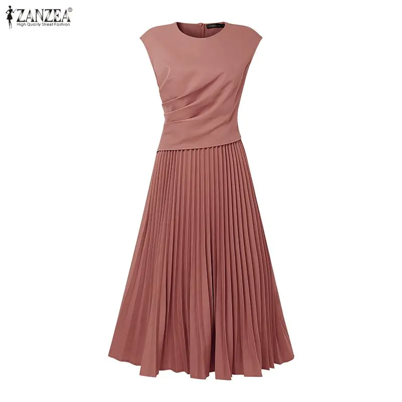 ZANZEA Mode Vrouwen Geplooide Lange Jurk Sexy Mouwloze Solid Elegant Party Vestidos 2026 Zomer O-hals Streetwear Kantoor Gewaad