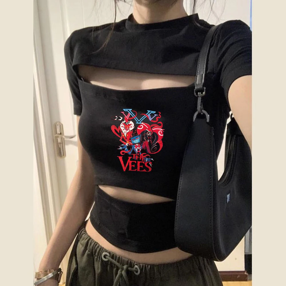Hazbin Hotel crop top shoujo cutecore party streetwear japan scene  t-shirt alternative  anime vintage summer gyaru