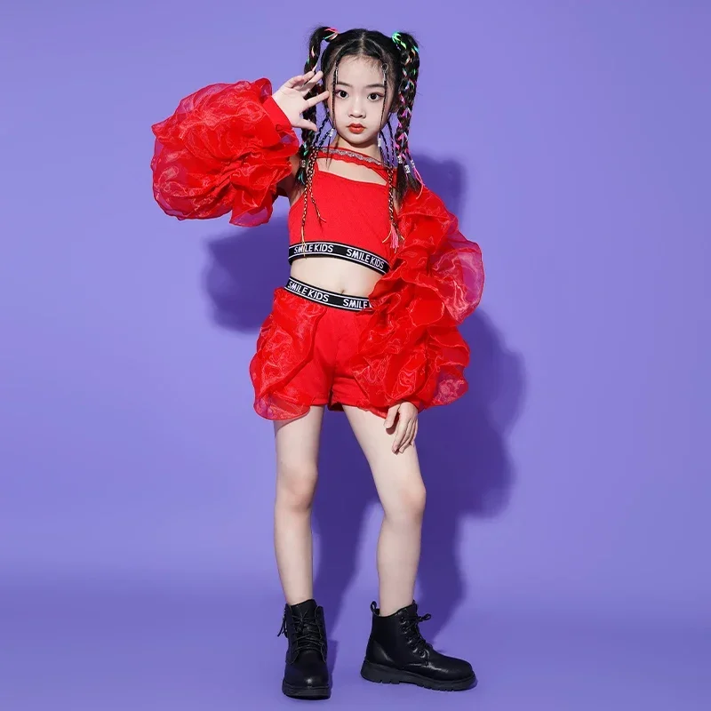 Kids Jazz Dance Costume Girls Red Fluffy Sleeve Tops Pants Kpop Suit Teenager Hip Hop Performance Stage Wear Festive Clothing