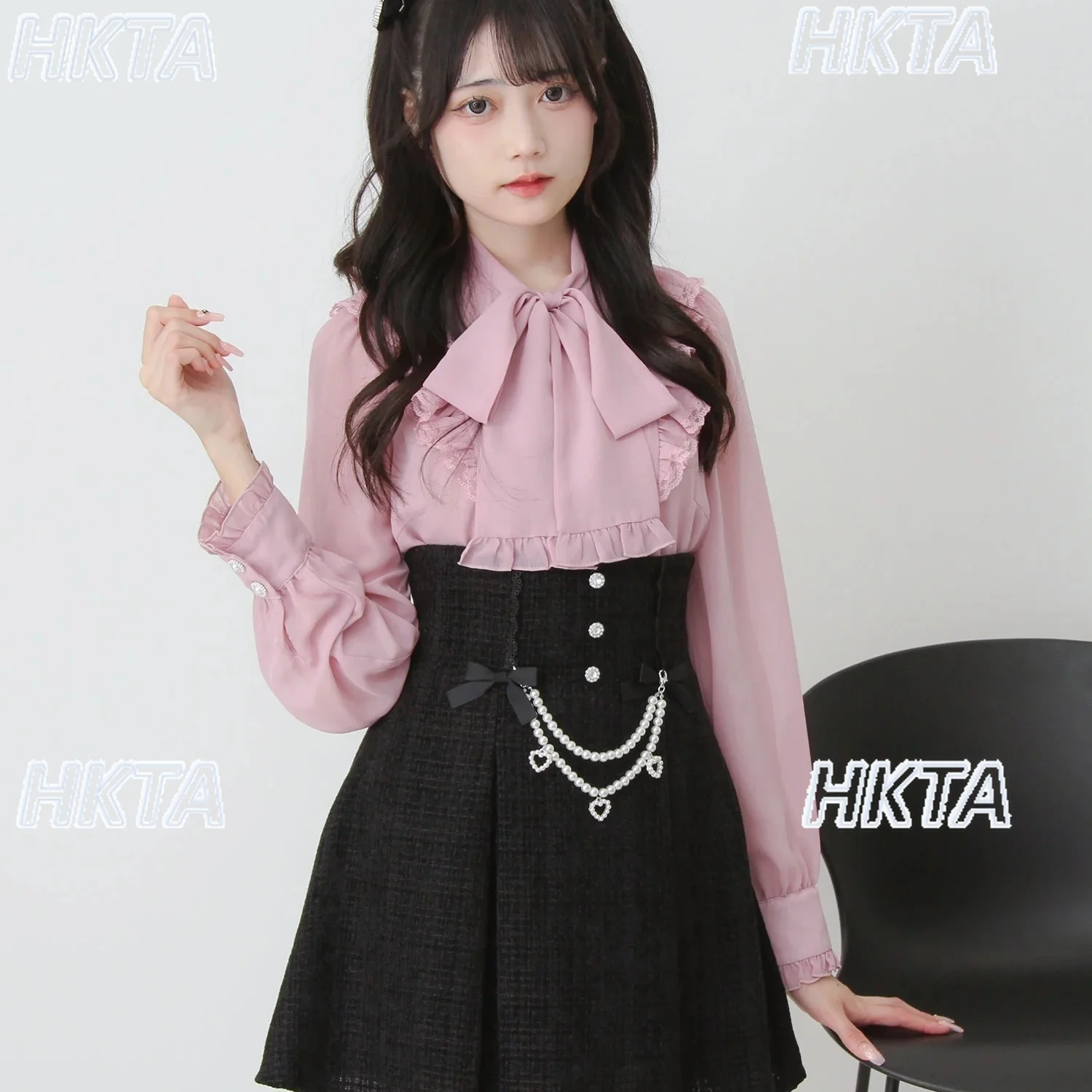 

Японские милые элегантные универсальные юбки в стиле ретро, женские осенние юбки в стиле Лолиты с жемчужной цепочкой и бантом, тонкая женская юбка трапециевидной формы с высокой талией