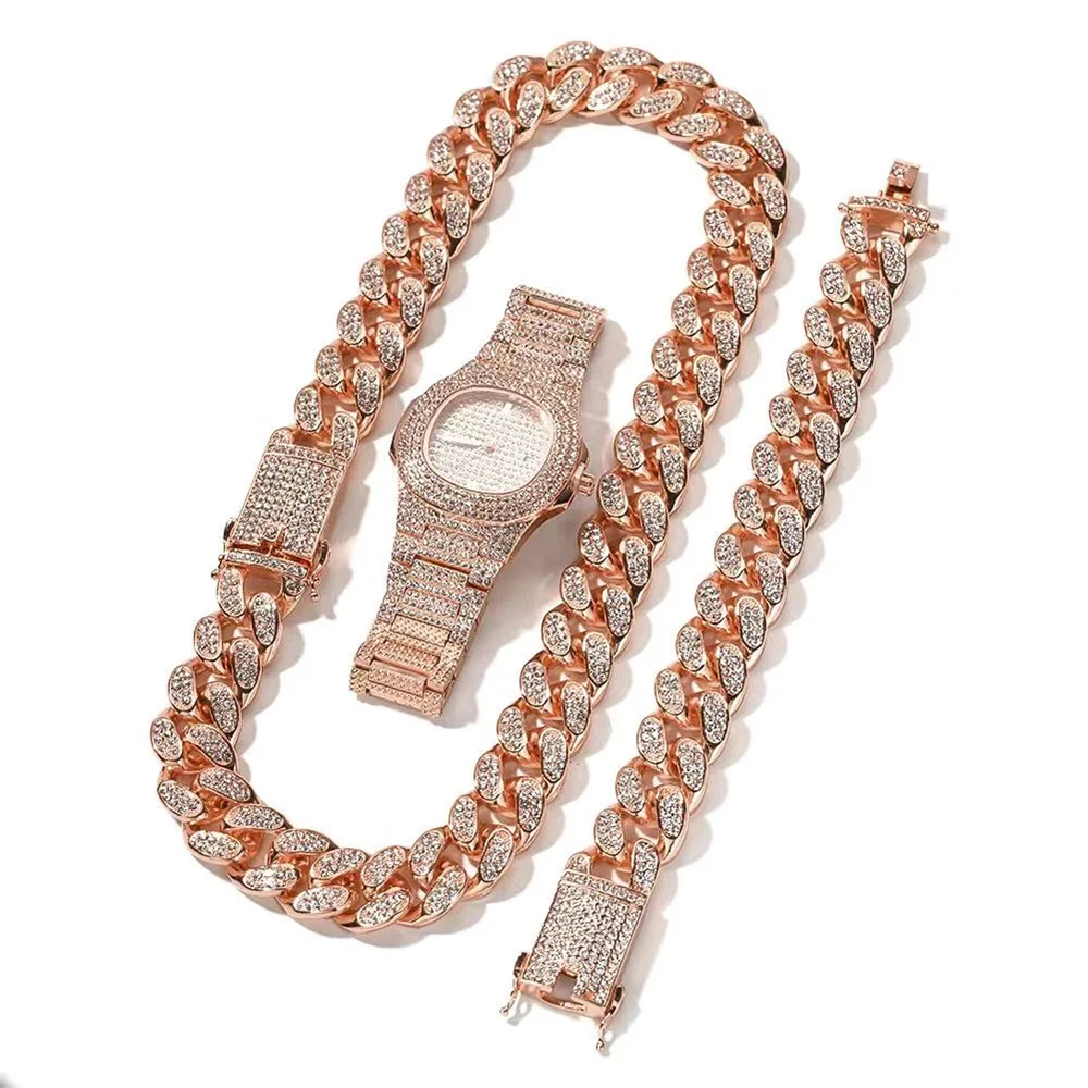 Luxury classic 3pcs bling Jewelry set for women man silvery golden Icedout watch necklace bracelet rapper rhinestone cuban chain